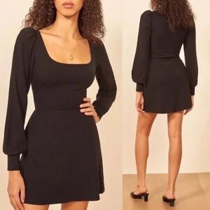 REFORMATION Linah Dress Mini Ribbed‎ Black Puff Long Sleeve Size S Work Weekend